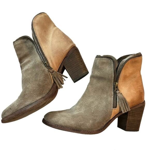 Joe’s Jeans Leather Suede Two Tone Taupe Tan Ankle Boots Size 10 Tasseled Zipper - Picture 9 of 12